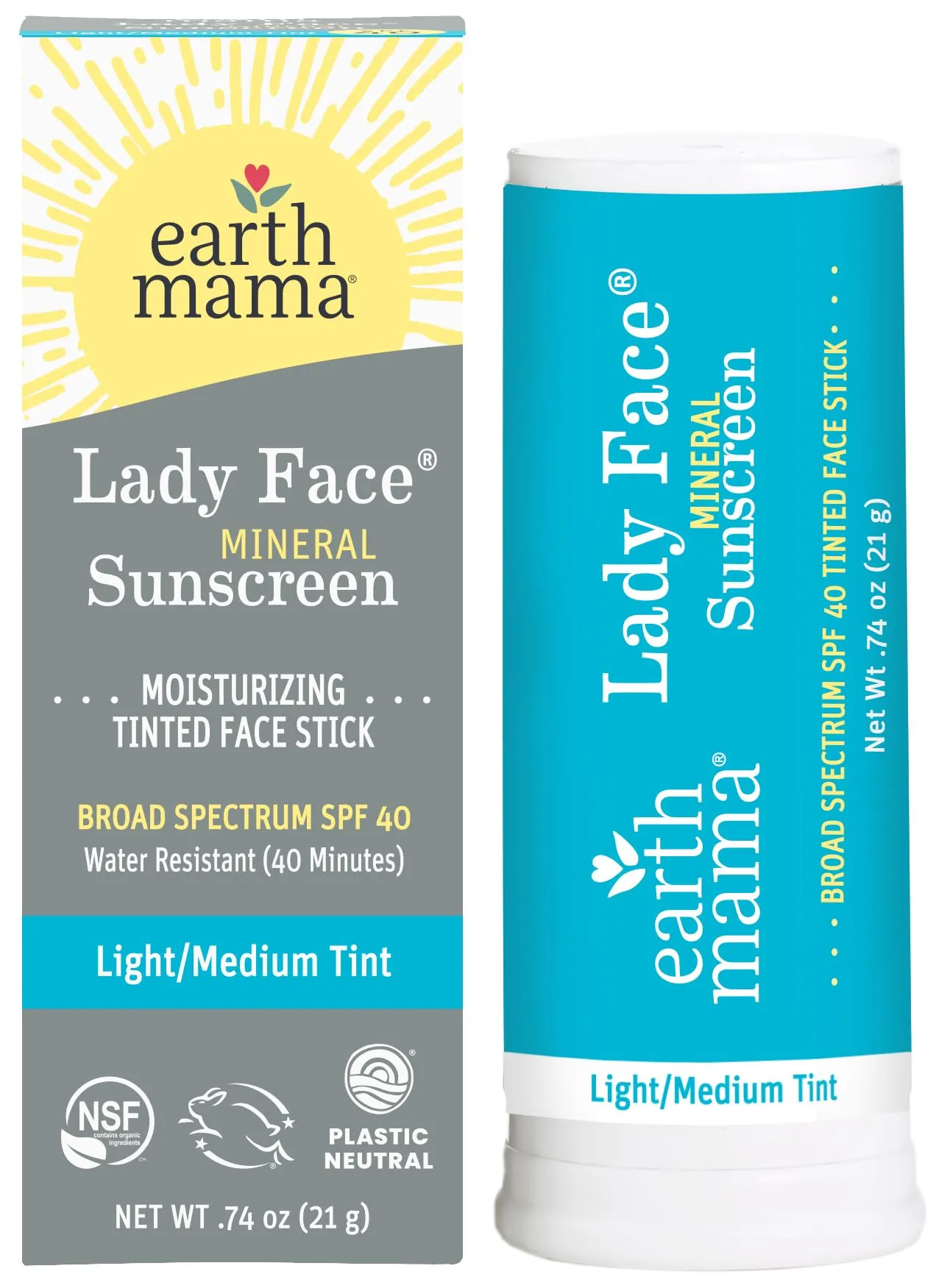 Earth Mama Lady Face® Tinted Mineral Sunscreen Face Stick SPF 40 Light/Medium Tint | Contains Organic Shea & Cocoa Butter | Foundation   Concealer Blends with Most Skin Tones