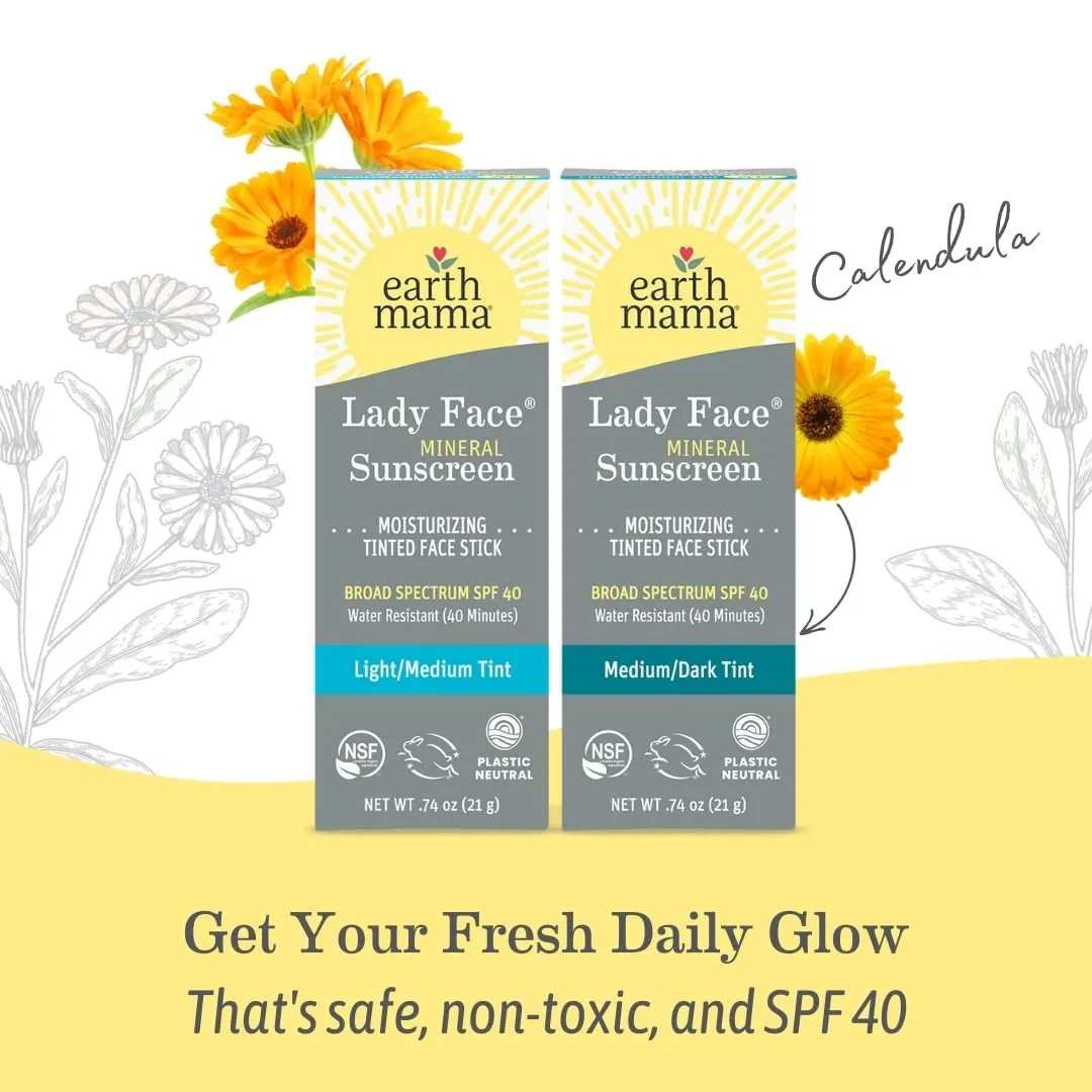 Earth Mama Lady Face® Tinted Mineral Sunscreen Face Stick SPF 40 Light/Medium Tint | Contains Organic Shea & Cocoa Butter | Foundation   Concealer Blends with Most Skin Tones