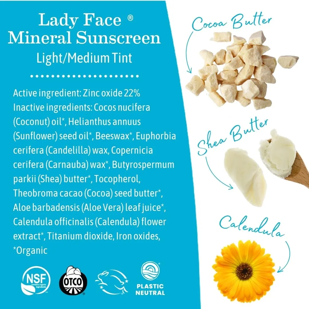Earth Mama Lady Face® Tinted Mineral Sunscreen Face Stick SPF 40 Light/Medium Tint | Contains Organic Shea & Cocoa Butter | Foundation   Concealer Blends with Most Skin Tones