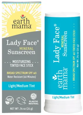 Earth Mama Lady Face® Tinted Mineral Sunscreen Face Stick SPF 40 Light/Medium Tint | Contains Organic Shea & Cocoa Butter | Foundation   Concealer Blends with Most Skin Tones