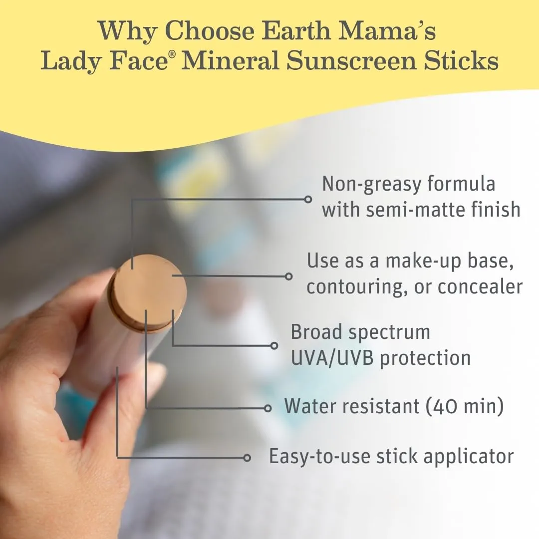 Earth Mama Lady Face® Tinted Mineral Sunscreen Face Stick SPF 40 Light/Medium Tint | Contains Organic Shea & Cocoa Butter | Foundation   Concealer Blends with Most Skin Tones