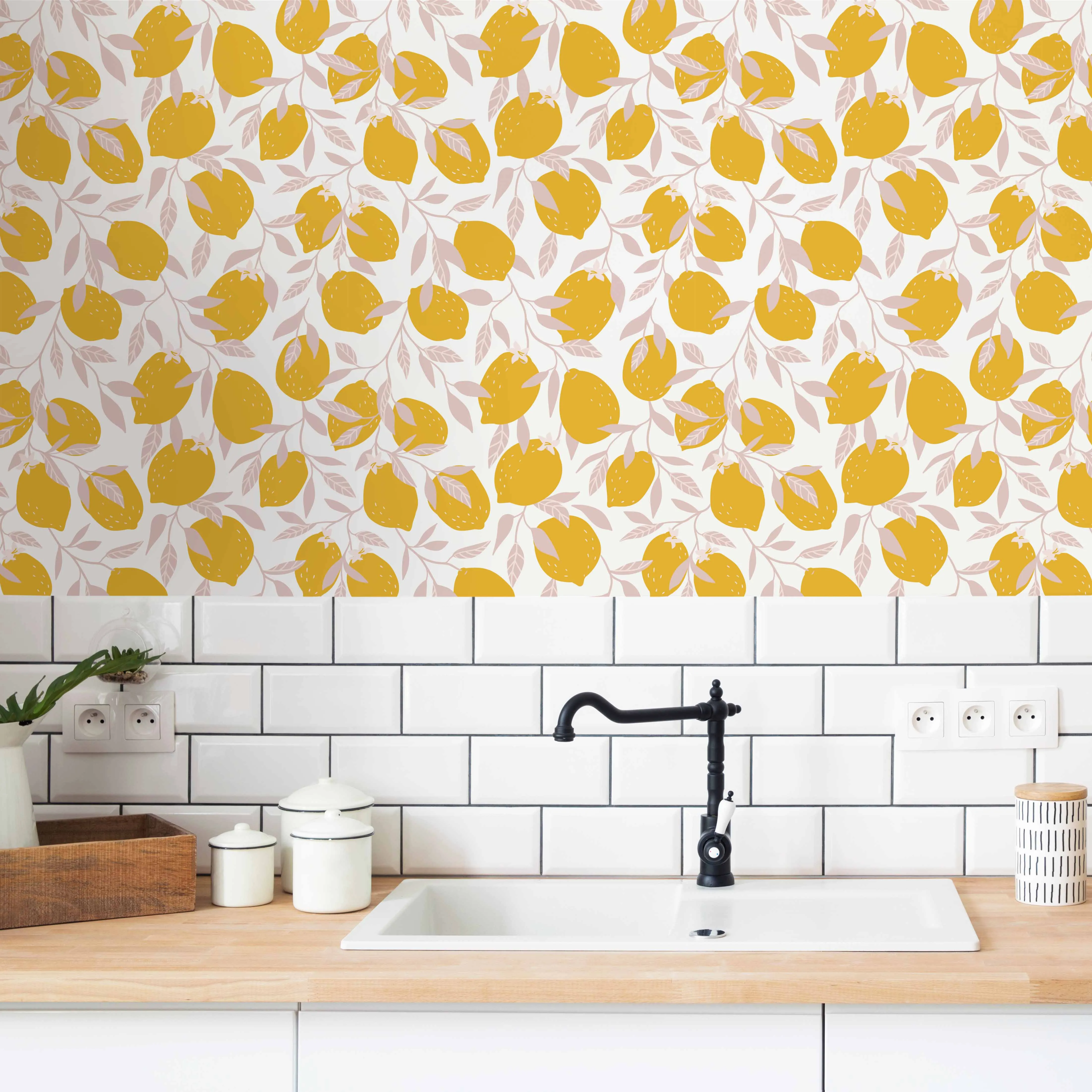 Freshly Squeezed Wallpaper in Lemon Yellow and Blush Pink