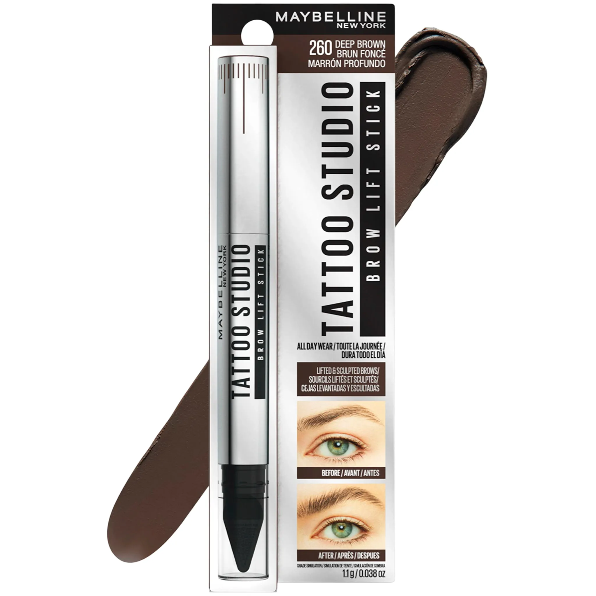 Maybelline Tattoo Studio Brow Lift Stick #260 Deep Brown - Wholesale 12 Units (K50470-12)