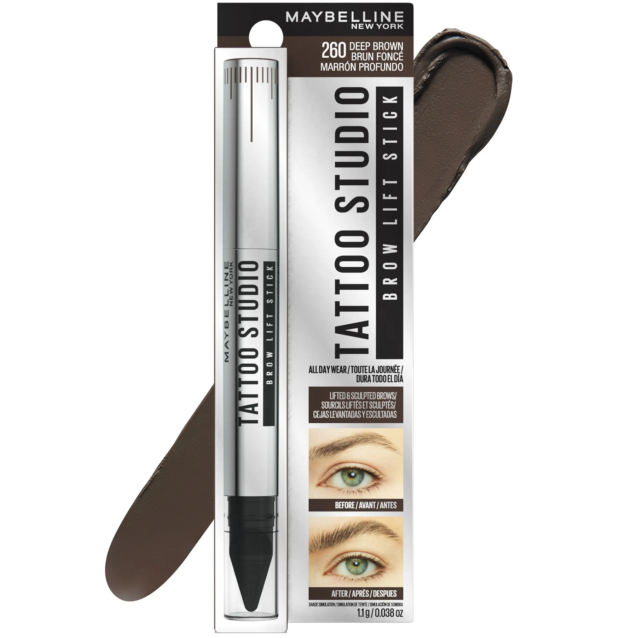 Maybelline Tattoo Studio Brow Lift Stick - #260 Deep Brown - Wholesale 72 Units (K50470)